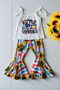 Children clothing suppliers LITTLE MISS AMERICA top & sunflower bell bottoms 4th July girl set XCH0777-24H