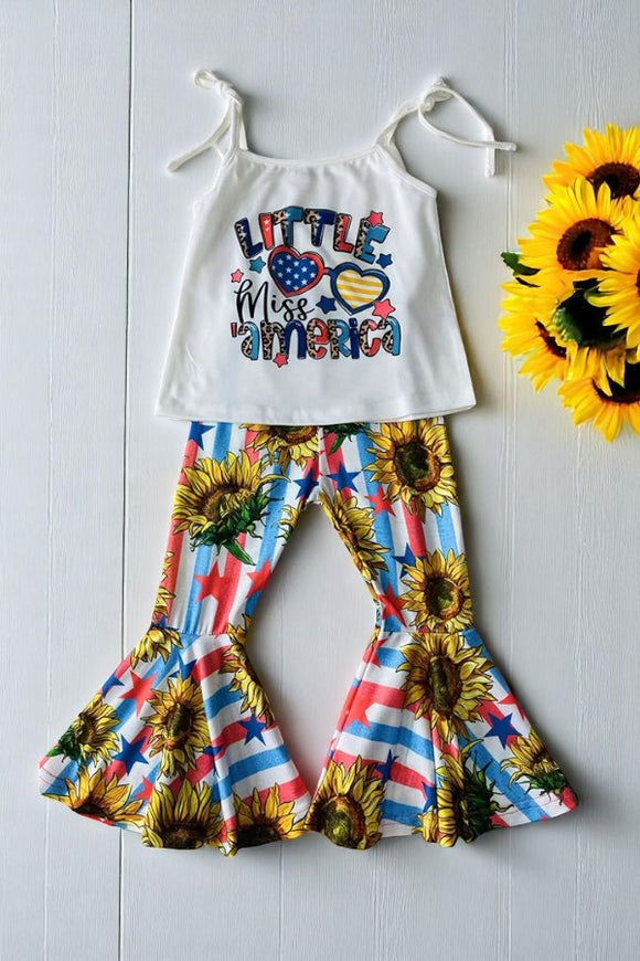 Children clothing suppliers LITTLE MISS AMERICA top & sunflower bell bottoms 4th July girl set XCH0777-24H