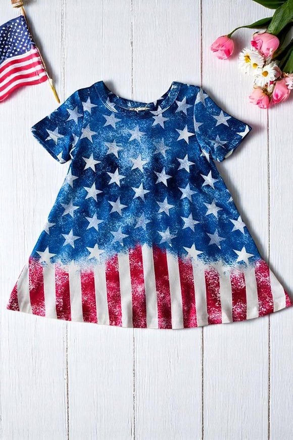 Children's clothing wholesale 4th July half blue star & red striped short sleeve girls dress XCH0020-4H
