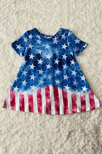 XCH0020-4H 4th July half blue star & red striped short sleeve girls dress