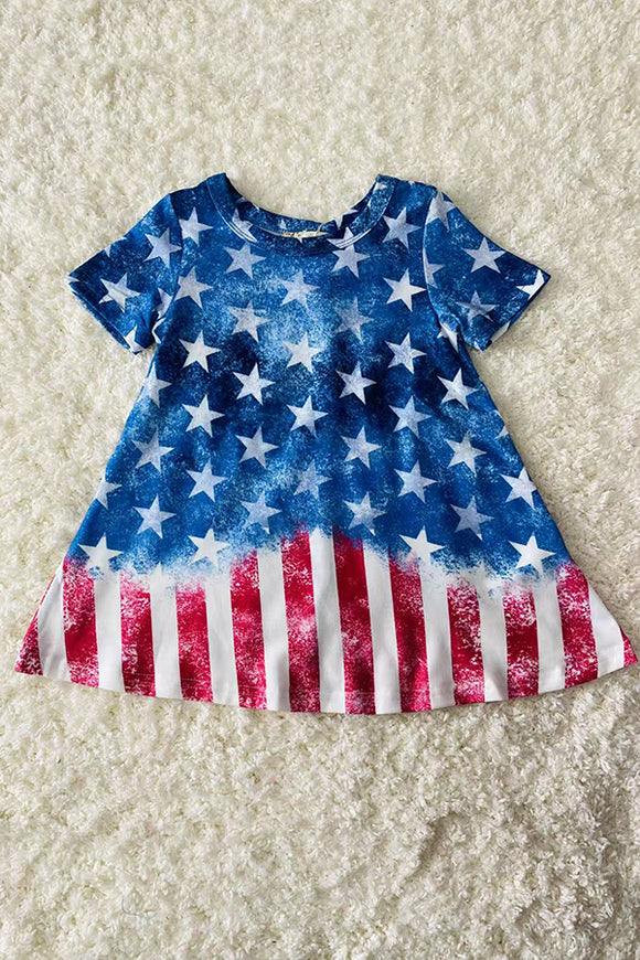 XCH0020-4H 4th July half blue star & red striped short sleeve girls dress