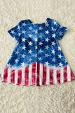 XCH0020-4H 4th July half blue star & red striped short sleeve girls dress