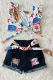 DLH2392 4th of July bull printed backless top patched denim shorts 2pcs girls set