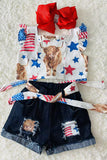 DLH2392 4th of July bull printed backless top patched denim shorts 2pcs girls set