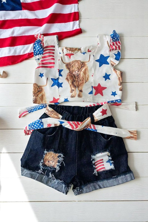 4th of July bull printed backless top patched denim shorts girls set DLH2392