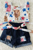 DLH2392 4th of July bull printed backless top patched denim shorts 2pcs girls set