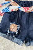 DLH2392 4th of July bull printed backless top patched denim shorts 2pcs girls set