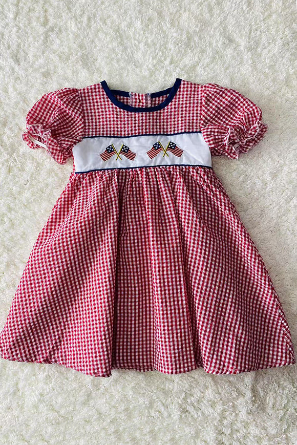 4th July USA Flag embroidery girls dress w/puff sleeves DLH1114-2