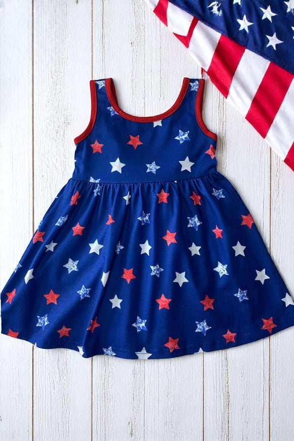 Shop dress wholesale 4th of July blue star patriotic girl dress w/back bow XCH0888-16H