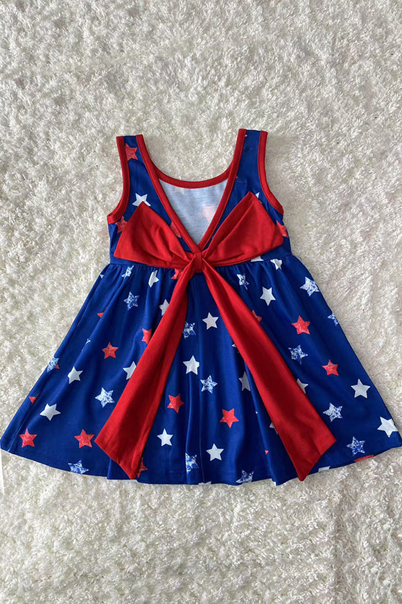 XCH0888-16H 4th of July blue star patriotic girl dress w/back bow