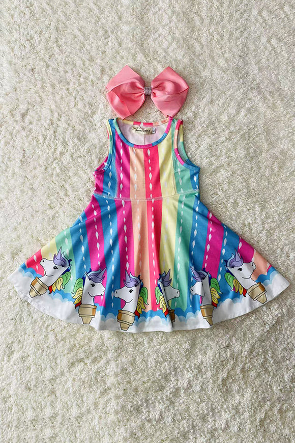 XCH03012 Multi color serape unicorn printed sleeveless girls swirl dress