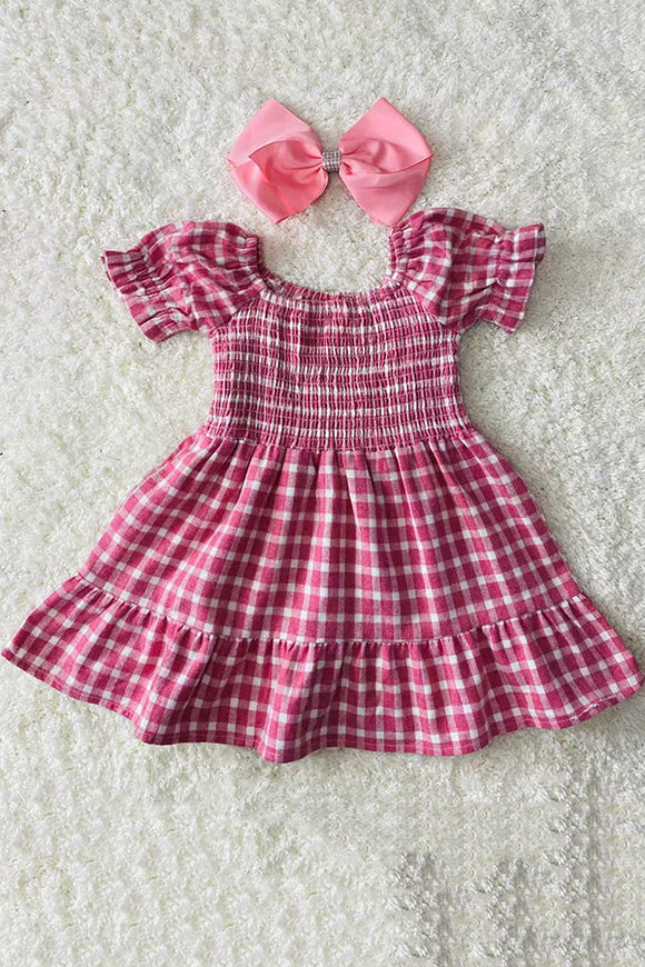 XCH03017 Pink plaid gathered & ruffles short sleeve cotton girls dress