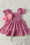 XCH03017 Pink plaid gathered & ruffles short sleeve cotton girls dress (A2S4)