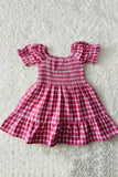 XCH03017 Pink plaid gathered & ruffles short sleeve cotton girls dress (A2S4)