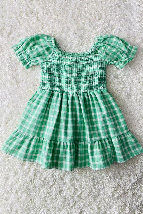 XCH03015 Green plaid gathered & ruffles short sleeve cotton girls dress