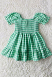 Spring Green plaid gathered & ruffles short sleeve cotton girls dress XCH03015 (A2S4)