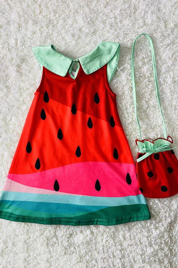 XCH07004 Cute watermelon printed baby doll girls dress with matching bag