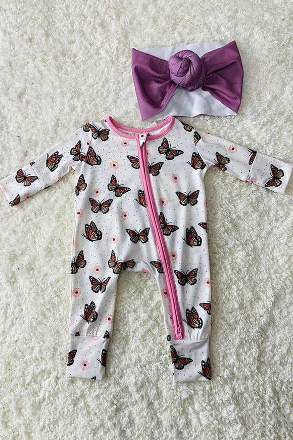 XCH05016 Spring butterfly printed long sleeve zipper infant baby romper