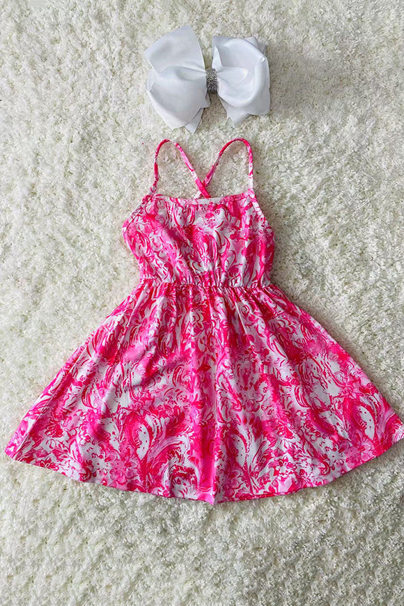 XCH03011 Pink paisley printed sleeveless girls dress with/criss cross