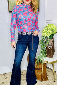 Sheer women's clothing wholesale western printed mesh long sleeve XCH16108