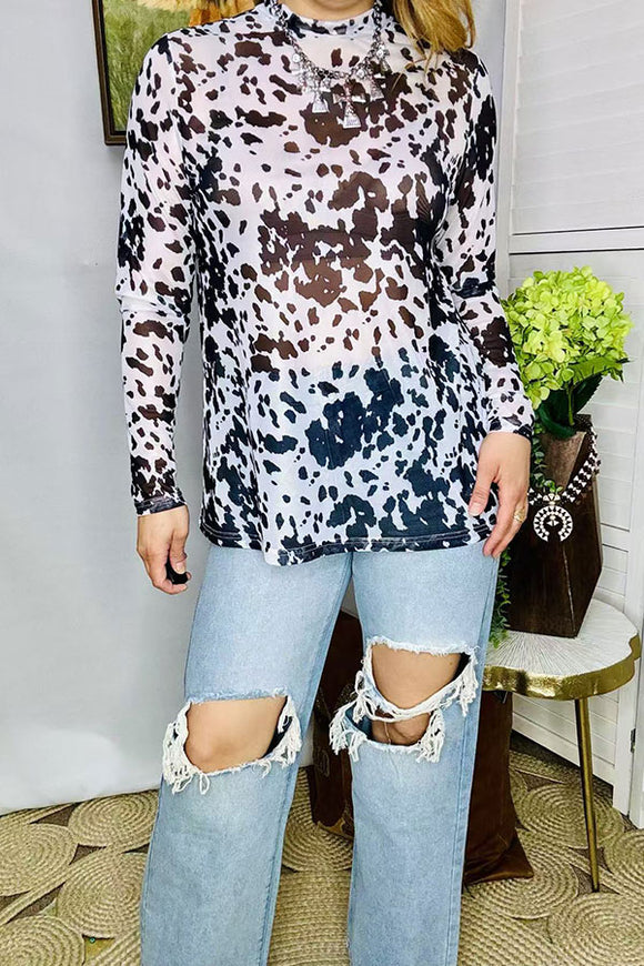 PRE ORDER,Ship until 6th April--Sheer women's top wholesale cow printed mesh long sleeve XCH16109