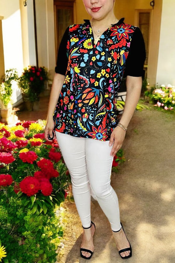 Women's boutique clothing wholesale floral printed & black short sleeve top BQ15685