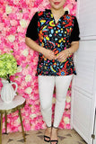 Women's boutique clothing wholesale floral printed & black short sleeve top BQ15685