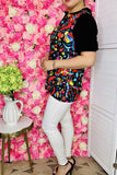 Women's boutique clothing wholesale floral printed & black short sleeve top BQ15685