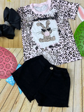 Girls clothing wholesale Leopard bunny top & black denim short girls sets DLH2769 A8S6