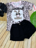 Girls clothing wholesale Leopard bunny top & black denim short girls sets DLH2769 A8S6