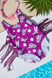 Kids swimsuit suppliers Purple western printed bathing suit w/fringe tassels DLH2454