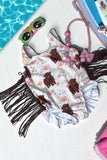 Kids swimsuit wholesale Cow printed girl bathing suit w/fringe tassels DLH2457