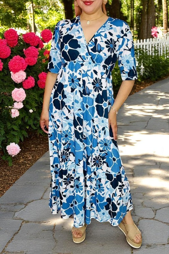 Women's dress wholesale Blue & Navy floral short sleeve maxi dress GJQ15996