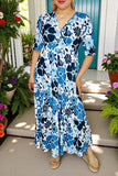 Women's dress wholesale Blue & Navy floral short sleeve maxi dress GJQ15996