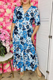 Women's dress wholesale Blue & Navy floral short sleeve maxi dress GJQ15996