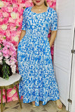 Women's maxi dress wholesale Blue floral prints & elastic waist & pockets GJQ16007