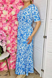 Women's maxi dress wholesale Blue floral prints & elastic waist & pockets GJQ16007