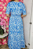 Women's maxi dress wholesale Blue floral prints & elastic waist & pockets GJQ16007