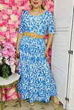 Women's maxi dress wholesale Blue floral prints & elastic waist & pockets GJQ16007