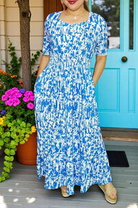 Women's maxi dress wholesale Blue floral prints & elastic waist & pockets GJQ16007