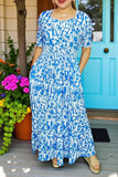 Women's maxi dress wholesale Blue floral prints & elastic waist & pockets GJQ16007