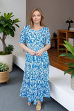 Women's maxi dress wholesale Blue floral prints & elastic waist & pockets GJQ16007
