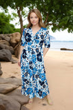 Women's dress wholesale Blue & Navy floral short sleeve maxi dress GJQ15996
