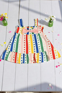 Girls dress wholesale Multi color stripes & dots prints w/pink bow XCH03018