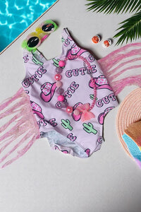 Kids swimsuit wholesale COWGIRL printed swimming suit w/fringe tassels DLH2455
