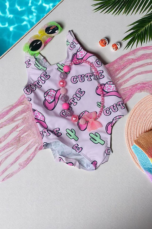 Kids swimsuit wholesale COWGIRL printed swimming suit w/fringe tassels DLH2455