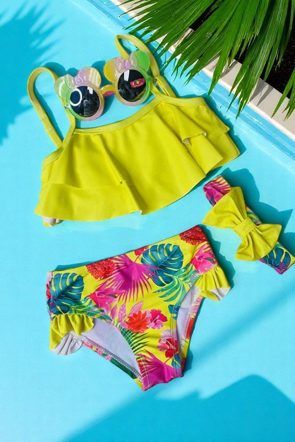 Girls swim wear wholesale Yellow tropical print girl swimming suite 3pcs set DLH2335