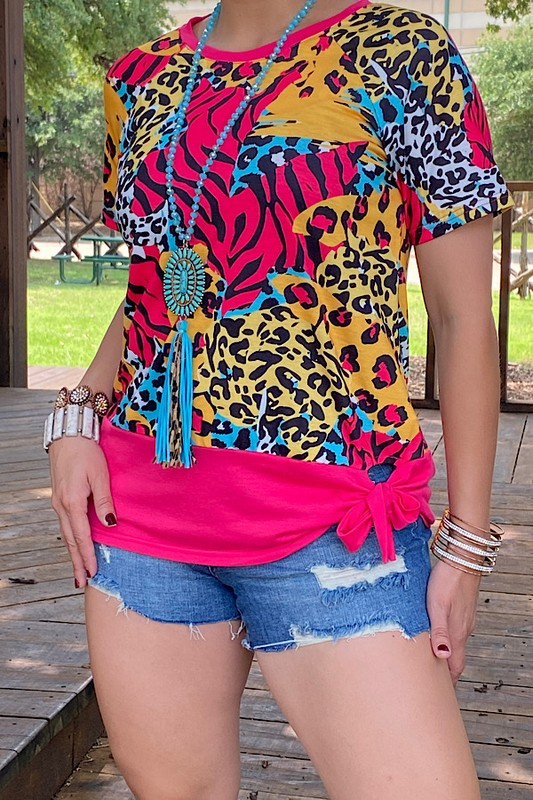 Southern women's t-shirt Fuchsia leopard printed short sleeve top w side knot GJQ9554-1