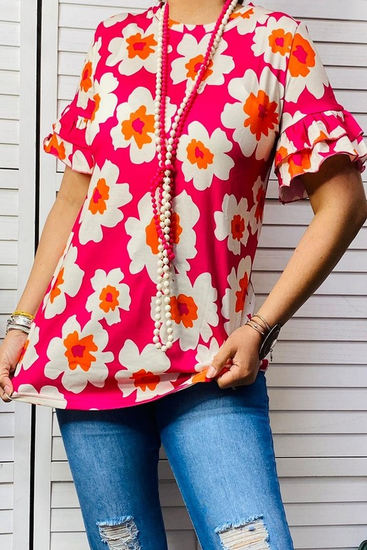 GJQ14049 Flower printed women top w/double ruffle short sleeve(BS7)