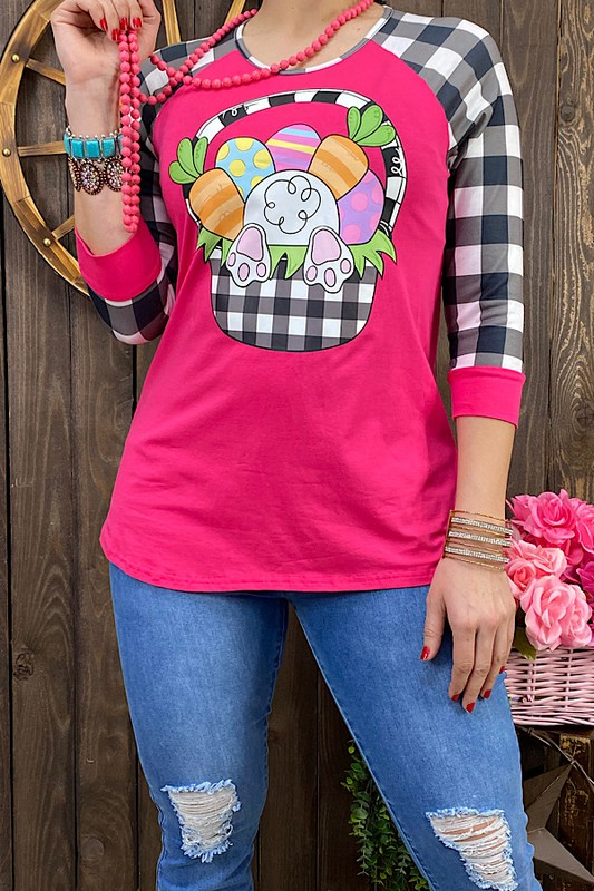 Easter women's t-shirt wholesale Bunny & carrots fuschia and checkered color block DLH10775-2